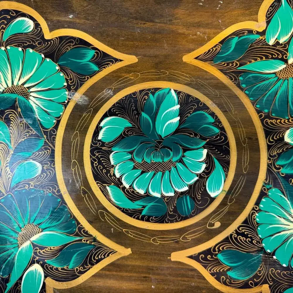 Oval Wood Serving Tray Green Floral Folk Art Gold Trim Handles Large 17in Mexico